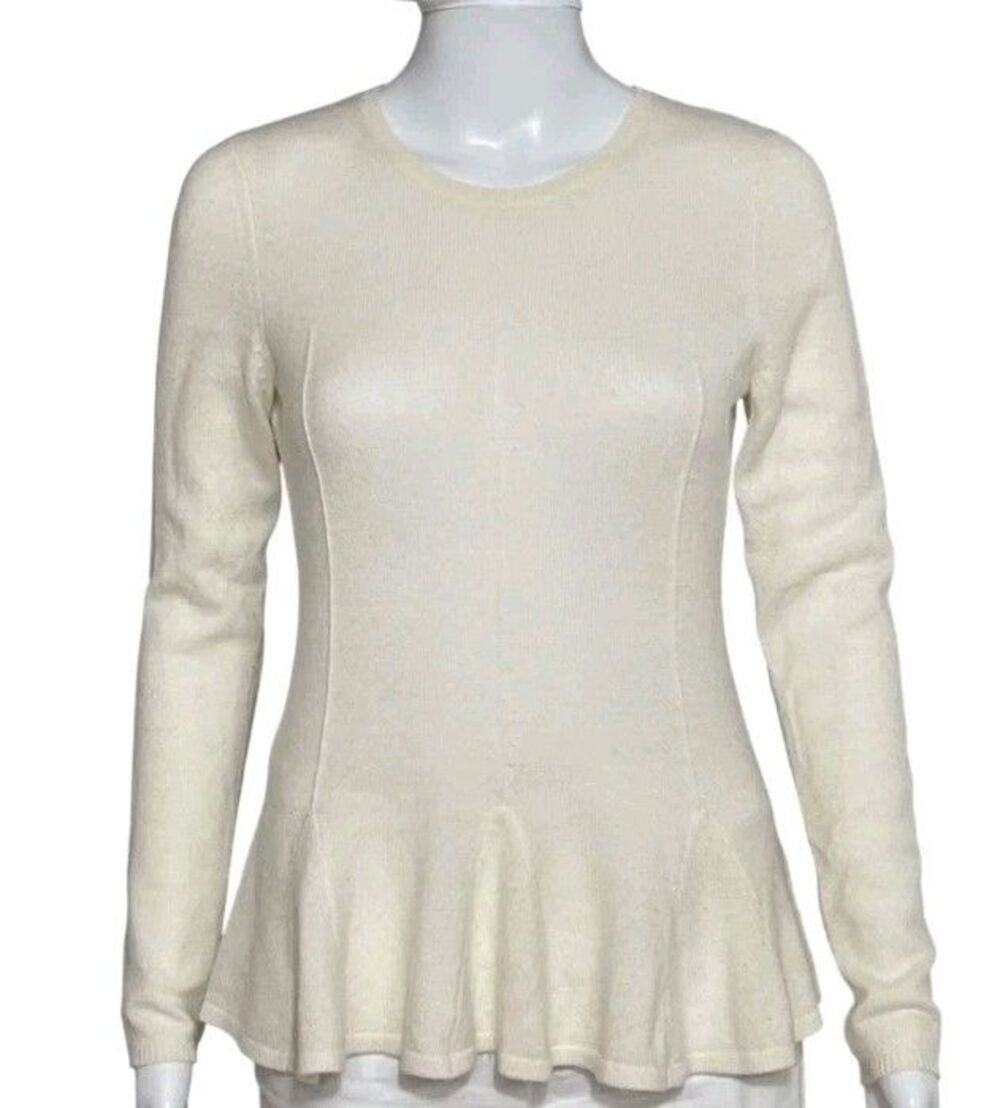 Antonio Melani 100% Cashmere Peplum Sweater Ivory Cream Soft Size L Skater Hem